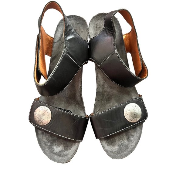 TAOS CAROUSEL 3 WEDGE SANDALS EU 38 US 7 - 7.5 BLACK HEEL SILVER LEATHER SHOE - Picture 2 of 7